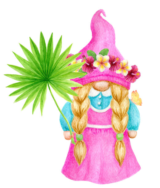 侏儒女孩与夏季热带花朵和扇棕榈叶。生日贺卡设计。水彩绘画。花园可爱的侏儒剪贴画。图片下载