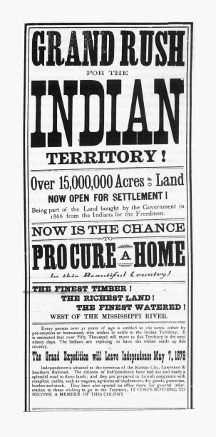 俄克拉何马州土地热潮广告雕刻，1879年图片下载
