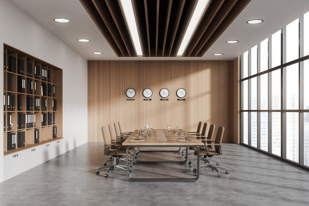 带有时钟的白色木制会议室图片下载