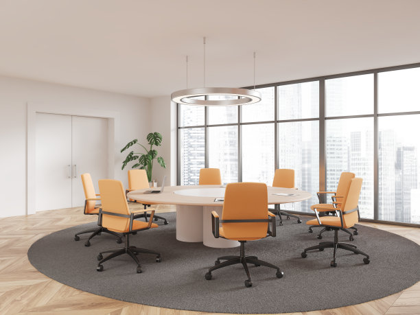 白色会议室内部有圆桌和门图片下载