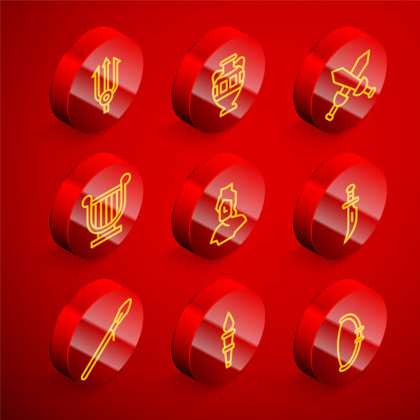 设置线海王星三叉戟，古代双耳罐，交叉中世纪剑，七弦琴，胸像雕塑，匕首，中世纪矛和火炬火焰图标。向量图片下载