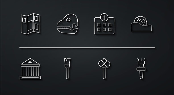 集线博物馆指南手册，建筑，人类头骨，石器时代的锤子，油漆刷，恐龙，火炬火焰和信息图标。向量图片下载