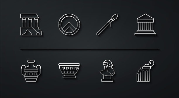 设置线帕台农神庙，古代双耳罐，胸像雕塑，希腊古代碗，盾牌，破碎柱和中世纪矛图标。向量图片下载