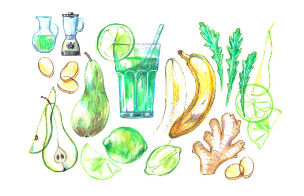 手绘夏季奶昔配方插图，玻璃和配料海报。图片下载