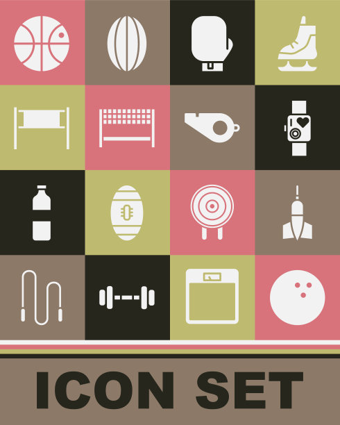 集保龄球，镖箭，智能手表显示心率，拳击手套，丝带终点线，排球网，篮球和哨子图标。向量图片下载