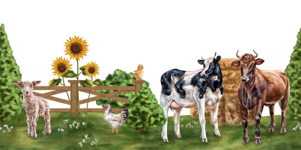 无缝横幅与农村景观和农场动物。用于包装设计、明信片、纺织品、海报、贴纸图片下载