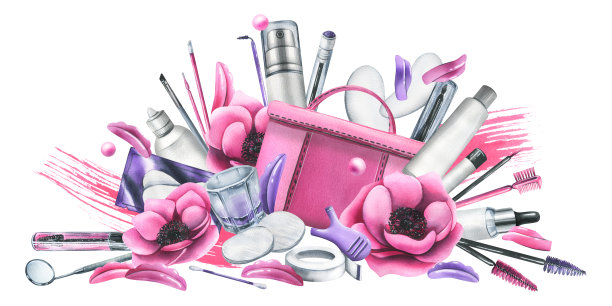 粉彩化妆袋配睫毛贴合工具，刷子，硅胶卷，瓶装产品。水彩插图，手绘。白色背景上孤立的构图图片下载