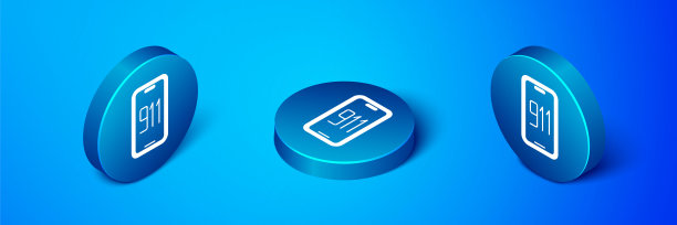 等距手机紧急呼叫911图标隔离在蓝色背景。警察，救护车，消防部门，电话，电话。蓝色圆圈按钮。向量图片下载