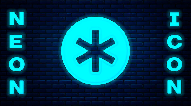 发光的霓虹灯紧急医疗符号-生命之星图标孤立的砖墙背景。向量图片下载