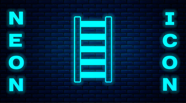 发光的霓虹灯消防逃生图标孤立的砖墙背景。挂钩梯。消防员用杆子爬梯子。向量图片下载