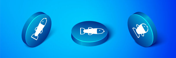 等距鱼图标隔离在蓝色背景。蓝色圆圈按钮。向量图片下载