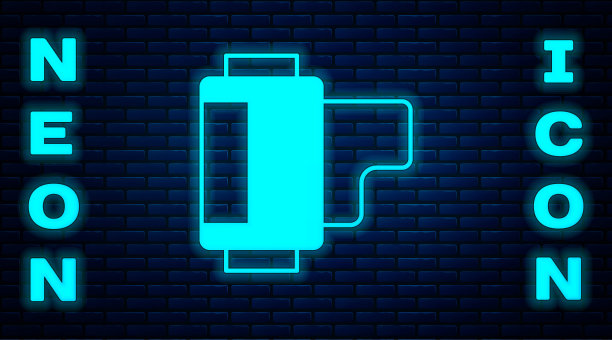 发光的霓虹灯相机老式胶卷卷墨盒图标孤立的砖墙背景。35毫米胶片筒。胶片摄影设备。向量图片下载