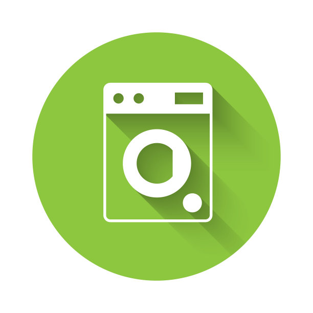 白色洗衣机图标与长阴影背景隔离。洗衣机图标。洗衣机——洗衣机。家电符号。绿色圆形按钮。向量图片下载