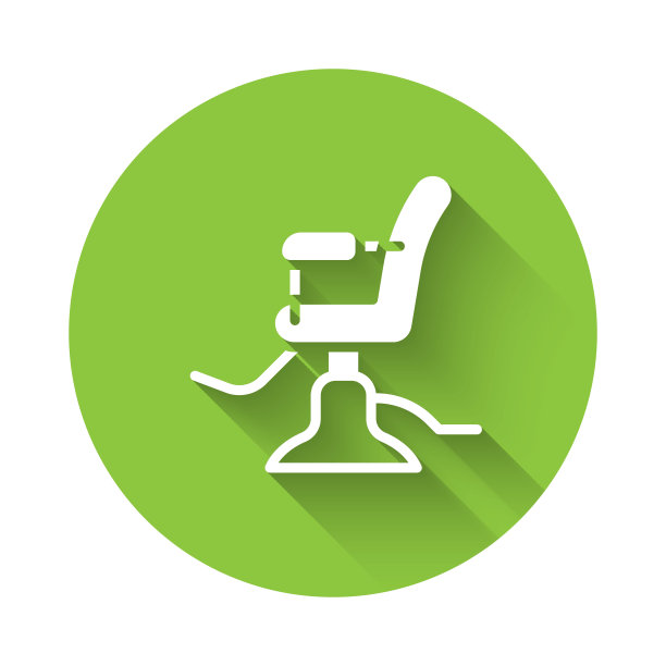 白色理发店的椅子图标孤立的长阴影。理发师扶手椅标志。绿色圆形按钮。向量图片下载