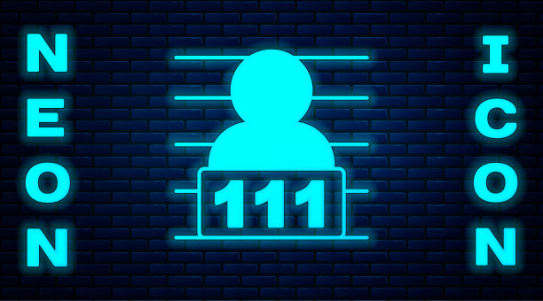 发光的霓虹灯嫌疑人图标孤立的砖墙背景。罪犯在监狱，嫌疑近板。向量图片下载