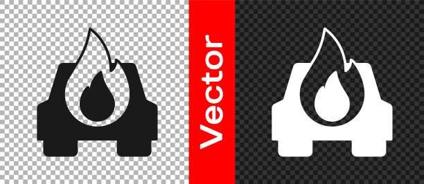 黑色燃烧汽车图标隔离在透明的背景。汽车着火了。被火和烟覆盖的破车。向量图片下载