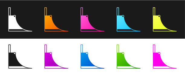 设置滑板公园图标孤立的黑白背景。滑板场的坡道，滚轮，楼梯。极限运动。向量图片下载