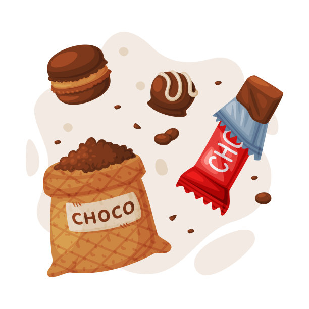 巧克力。可可豆袋，三明治饼干，糖果棒卡通矢量插图图片下载