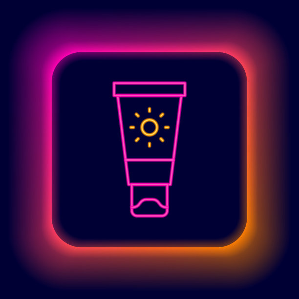 发光的霓虹线防晒霜在管图标孤立的黑色背景。保护皮肤免受太阳紫外线的伤害。色彩缤纷的轮廓概念。向量图片下载