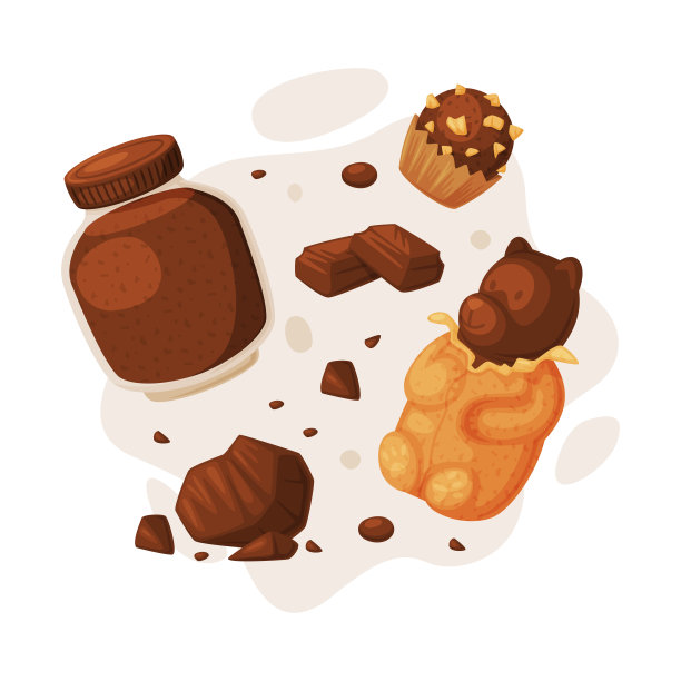 巧克力。罐巧克力蔓延，糖果和熊形糖果箔包装卡通矢量插图图片下载