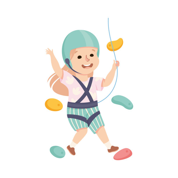 快乐的小女孩爬墙爬上配备绳索矢量插图图片下载