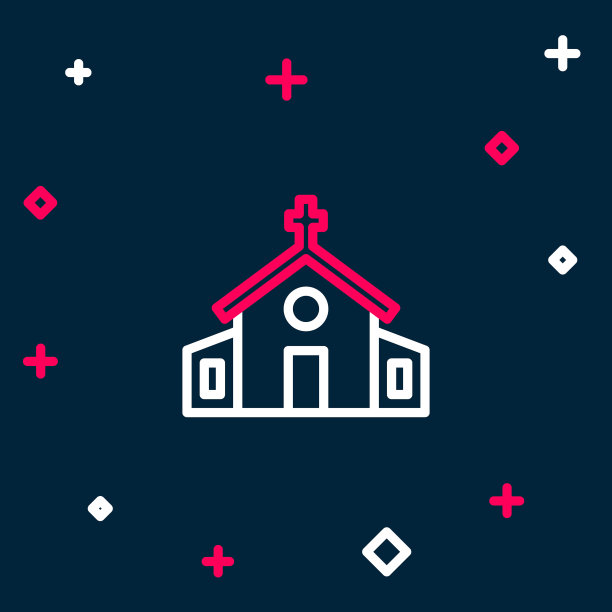 线教堂建筑图标孤立的蓝色背景。基督教教堂。教会的宗教。色彩缤纷的轮廓概念。向量图片下载