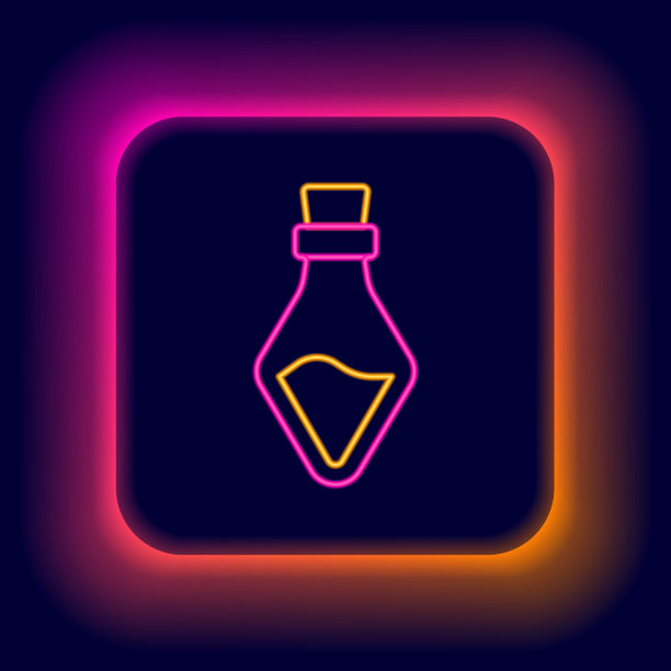 发光的霓虹灯线瓶子与药水图标隔离在黑色背景上。装有魔法药水的烧瓶。万圣节派对快乐。色彩缤纷的轮廓概念。向量图片下载