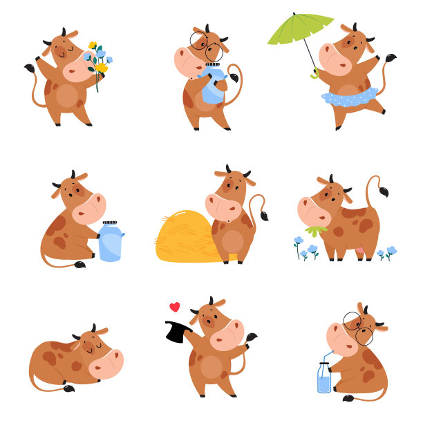 可爱快乐的棕色奶牛在各种活动设置。可爱的农场动物性格闻花束，带着雨伞和放牧在草地卡通矢量插图图片下载