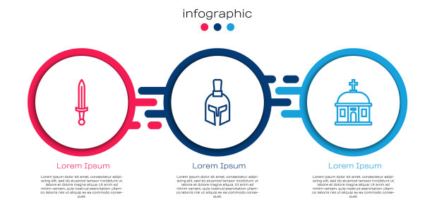 设线中世纪剑，希腊头盔和圣托里尼建筑。业务信息图表模板。向量图片下载