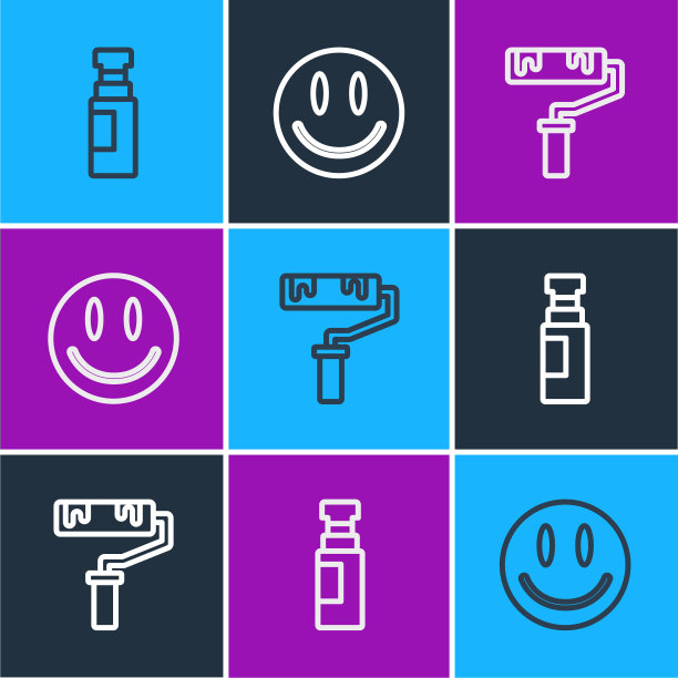 设置线标记笔，油漆辊刷和笑脸图标。向量图片下载