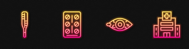 设置线红眼睛，医用温度计，泡罩包装药丸和医院大楼。发光的霓虹灯图标。向量图片下载