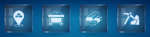 设置金条，矿车与黄金，兑换货币和采矿。方形玻璃板。向量图片下载