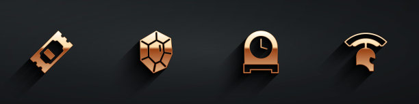 集电影票，宝石，古董钟和罗马军队头盔图标与长阴影。向量图片下载