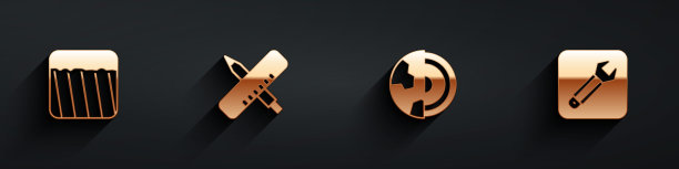 设置地面，交叉尺子和铅笔，地球核心结构地壳和扳手图标长阴影。向量图片下载