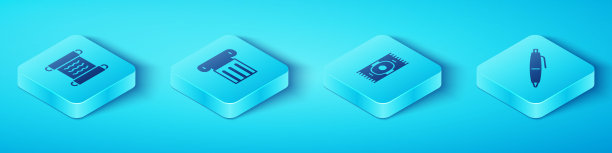 集等距纸莎草卷轴，古代柱，笔和经典地毯图标。向量图片下载