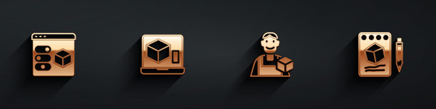 设置3D打印机，平面设计师和草图在纸上的长阴影图标。向量图片下载