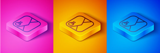 等距线信封与情人节心脏图标隔离在粉红色和橙色，蓝色背景。消息的爱。信中的爱情和浪漫。方形按钮。向量图片下载