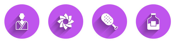 设置男子在桑拿浴室，花，桑拿刷和一瓶伏特加图标与长影子。向量图片下载