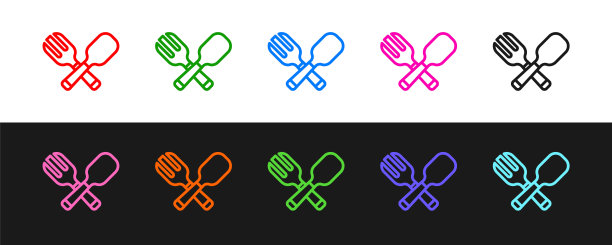 设置线交叉叉和勺子图标孤立的黑色和白色背景。烹饪用具。餐具的迹象。向量图片下载