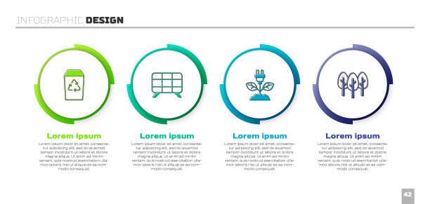 设置回收箱，太阳能板，节电插头叶和树。业务信息图表模板。向量图片下载