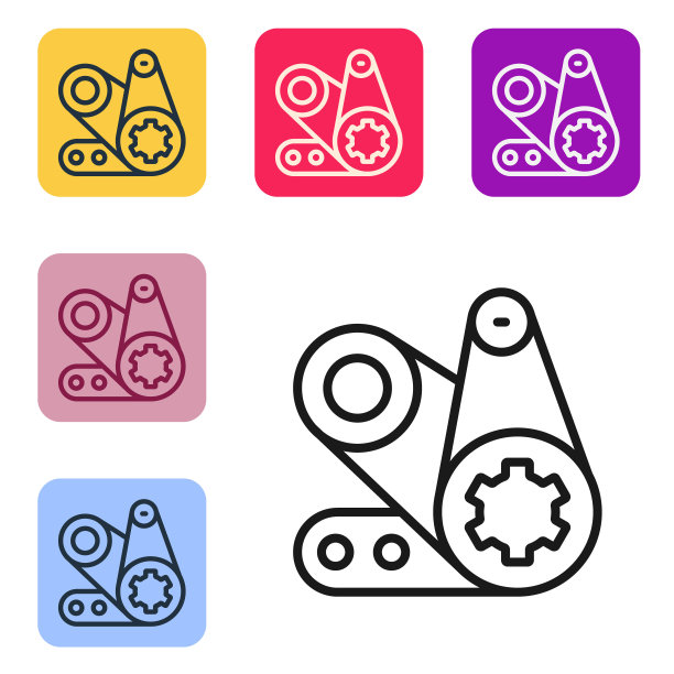 黑线同步皮带套件图标隔离在白色背景。设置图标为彩色方形按钮。向量图片下载