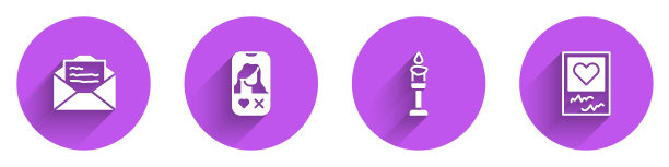 设置贺卡，在线约会应用程序，燃烧的蜡烛和相框的心与长阴影图标。向量图片下载