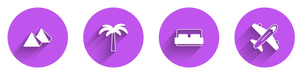 设置埃及金字塔，热带棕榈树，酒店房间床和飞机图标与长阴影。向量图片下载