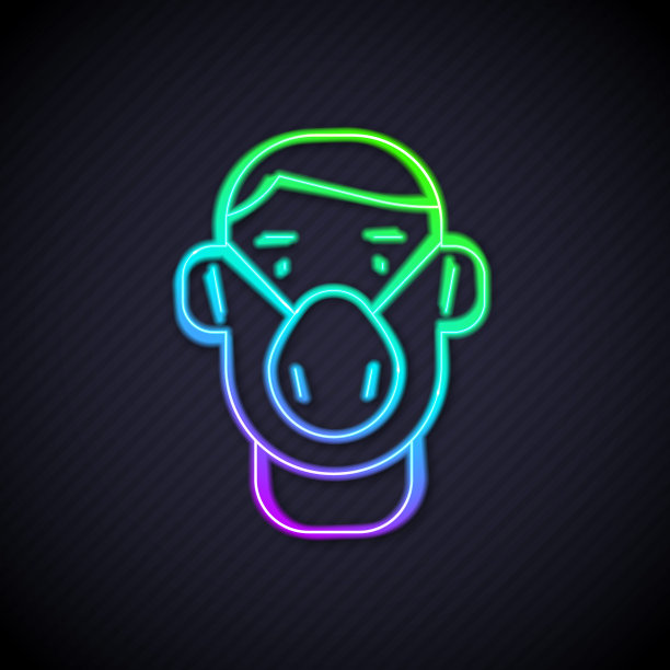 发光的霓虹灯线男人的脸在医疗防护口罩图标孤立的黑色背景。隔离。向量图片下载