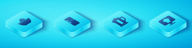 设置等距柑橘榨汁机，冰箱，厨师帽与位置和电热水壶图标。向量图片下载