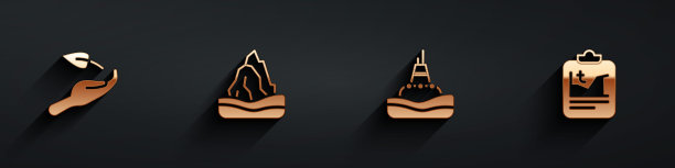 集萌芽在手，冰山，漂浮在海上的浮标和全球变暖的图标长阴影。向量图片下载