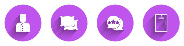 集礼宾，枕头，五星评级审查和淋浴房图标长阴影。向量图片下载