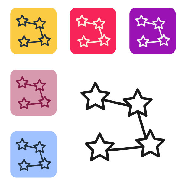 黑线星星座十二生肖图标孤立在白色背景。设置图标为彩色方形按钮。向量图片下载
