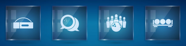 设置台球杆、保龄球、球瓶和台球架上的台球箱。方形玻璃板。向量图片下载