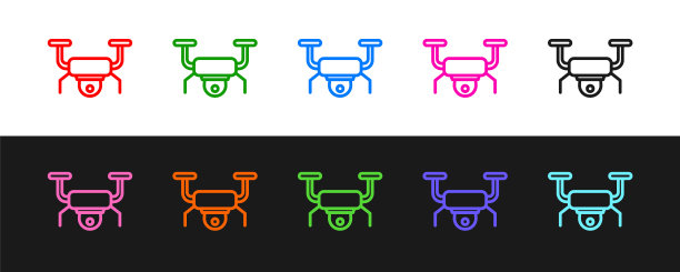 设置线无人机飞行图标孤立的黑色和白色背景。带有视频和照相机符号的四轴飞行器。向量图片下载